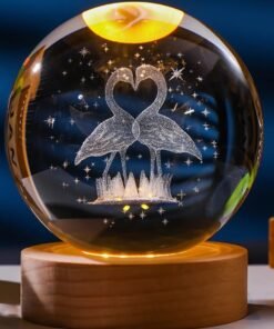 TTT Ahşap Tabanlı LED Işıklı Flamingo Figürlü Kristal Küre