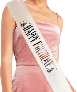 TTT Beyaz Gümüş Happy Birthday Yazılı Simli Kuşak