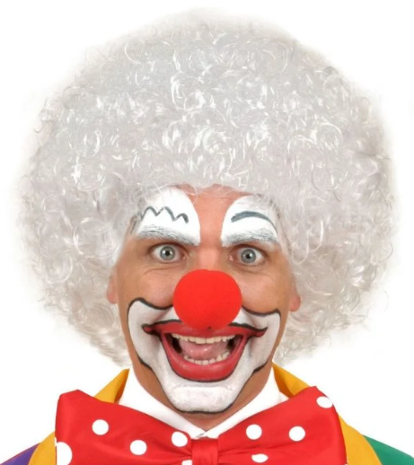 TTT Beyaz Kıvırcık Afro Peruk ve Kırmızı Sünger Burun Seti