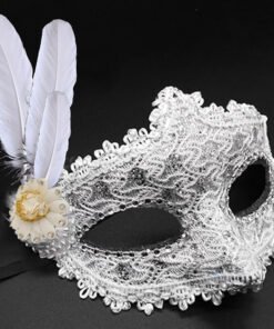 TTT Beyaz Renk Tüylü Dantelli Taşlı Balo Maskesi