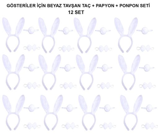 TTT Beyaz Tavşan Kostüm Seti – Taç, Papyon, Kuyruk (12’li Paket)