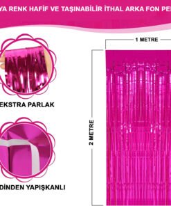 TTT Ekstra Metalize Parlak Saçaklı Arka Fon Perde Fuşya