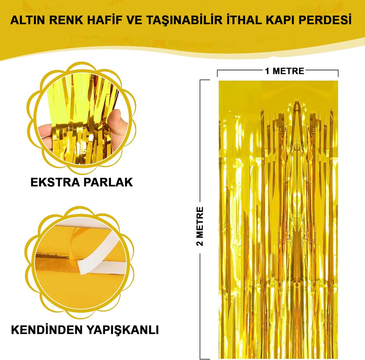 TTT Ekstra Metalize Parlak Saçaklı Arka Fon Perde Gold