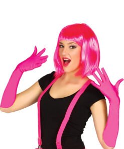 TTT Fuşya Renk Saten Uzun Eldiven ve Küt Parti Peruğu