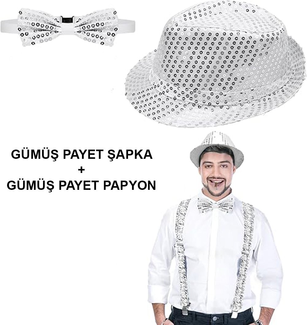 TTT Gümüş Payetli Şapka ve Papyon Seti – Parıltılı Yetişkin Kostüm Seti
