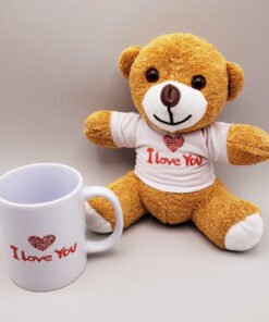 TTT Kahverengi I Love You Tişörtlü Ayıcık ve Baskılı Kupa Seti