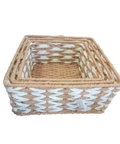 TTT Kare Örgü Desenli Doğal Hasır Sepet Seti - 3'lü