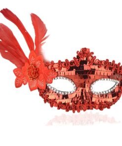 TTT Kırmızı Payetli Pullu Tüylü Parti Maskesi