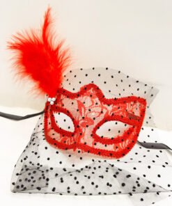 TTT Kırmızı Renk Dantelli Duvaklı İncili Parti Maskesi Balo