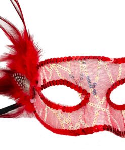 TTT Kırmızı Yandan Tüylü Payetli Parti Maskesi