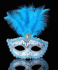 TTT Mavi Dantel İşlemeli Mavi Tüylü Balo Parti Maskesi