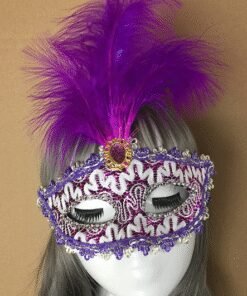 TTT Mor Dantel İşlemeli Mor Tüylü Balo Parti Maskesi