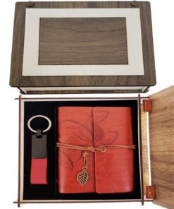 TTT Özel Ahşap Kutulu Kiremit Rengi Deri Defter ve Anahtarlık Set