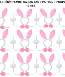 TTT Pembe Tavşan Kostüm Seti – Taç, Papyon, Ponpon (12’li Paket)