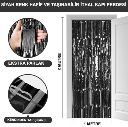 TTT Siyah Ekstra Metalize Parlak Saçaklı Arka Fon Perde
