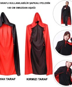 TTT Siyah Kırmızı Çift Taraflı Kapişonlu Pelerin