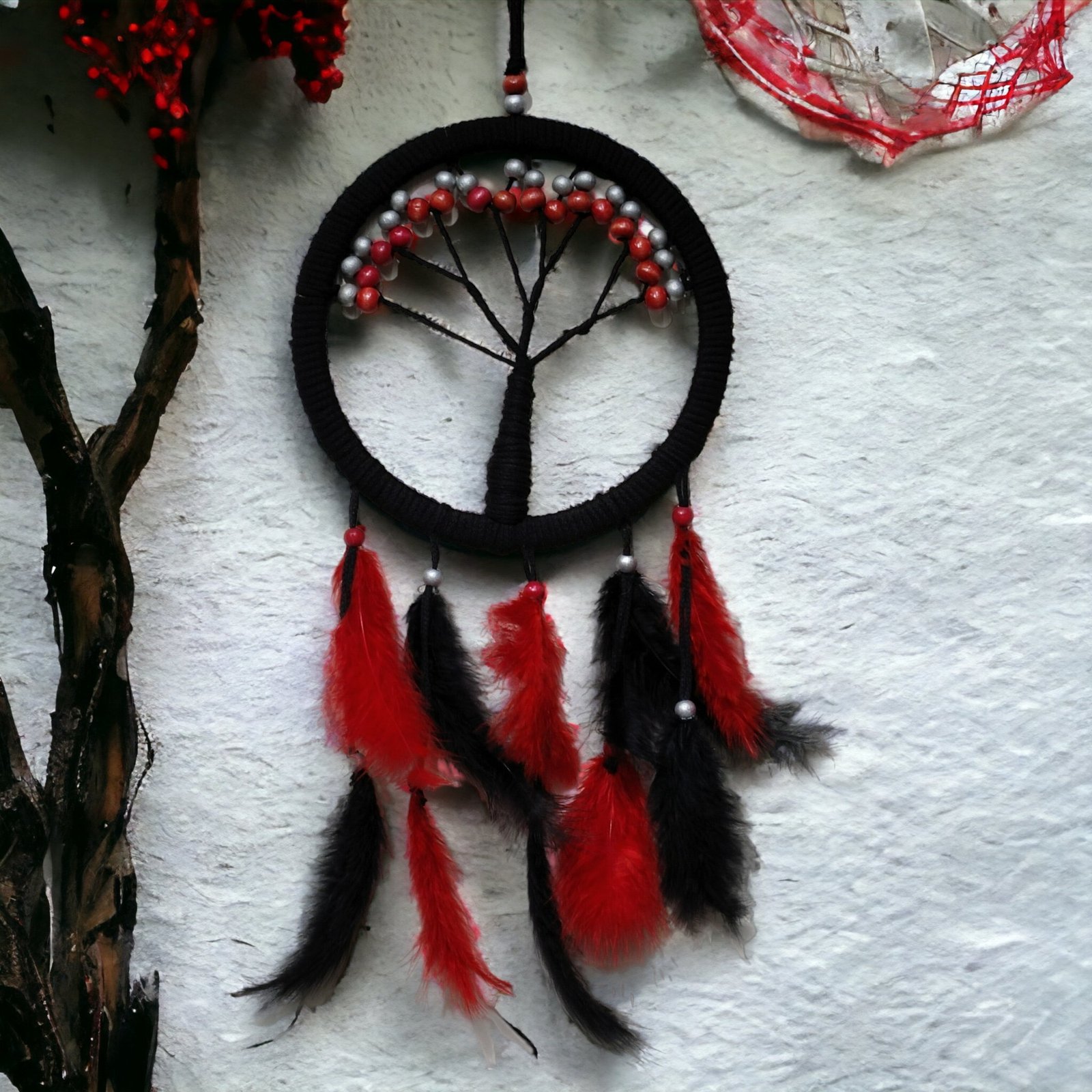 TTT Siyah Kırmızı Hayat Ağacı Dream Catcher