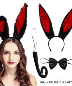 TTT Siyah Kırmızı Peluş Tavşan Kulak Seti Yetişkin Boy