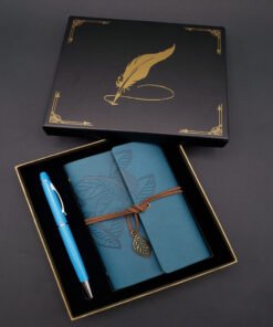 TTT Siyah Kutulu Yaprak Desenli Mavi Deri Defter Ve Kalem Seti