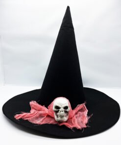 TTT Siyah Renk Pembe Duvaklı Kuru Kafa Temalı Cadı Şapkası 35x38 cm