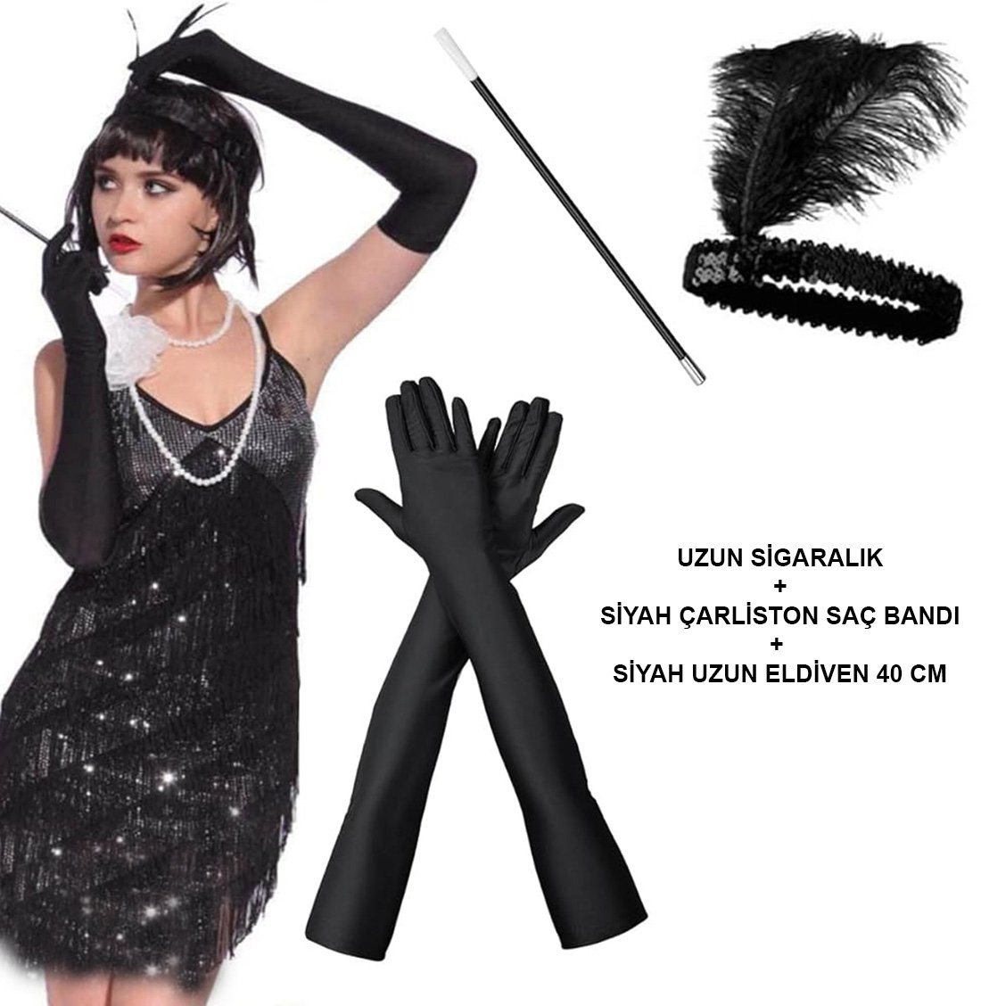 TTT Siyah Retro Charliston Aksesuar Seti